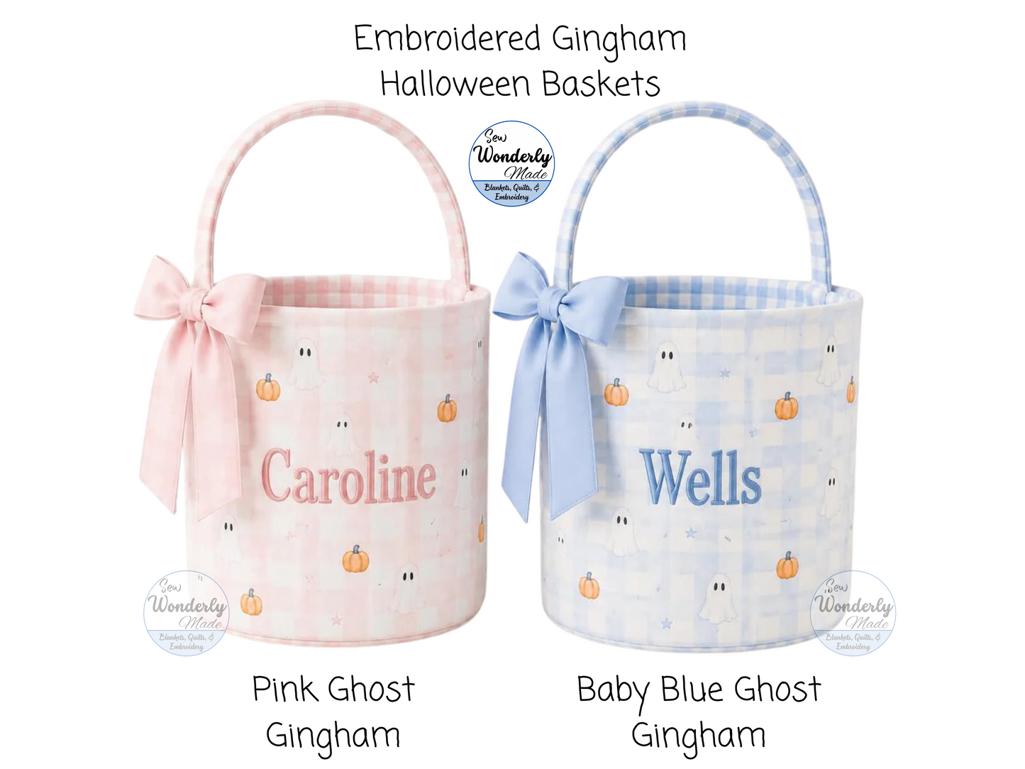 Two Gingham Halloween baskets, one pink and one baby blue, with embroidered names on a white background.