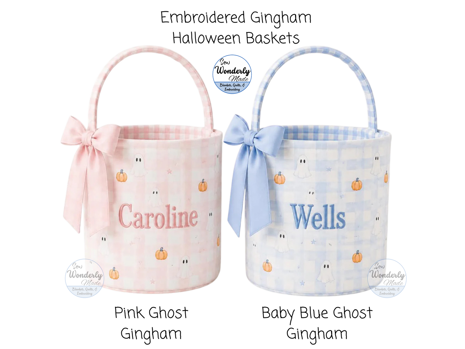 Two Gingham Halloween baskets, one pink and one baby blue, with embroidered names on a white background.