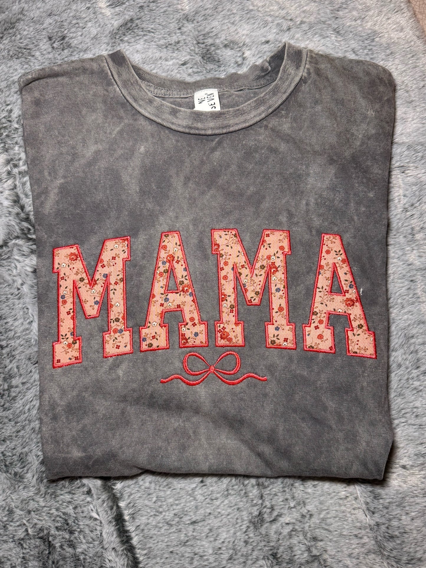 [Ready to Ship] Embroidered “MAMA” T-Shirt – Vintage Floral on Washed Stone