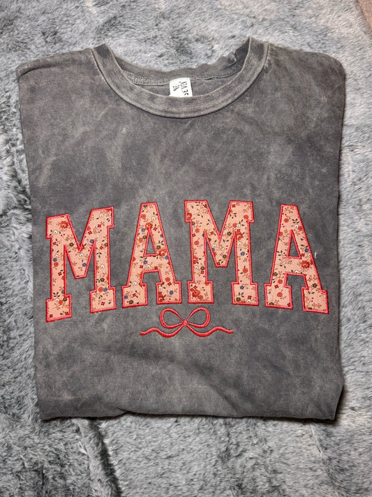 [Ready to Ship] Embroidered “MAMA” T-Shirt – Vintage Floral on Washed Stone