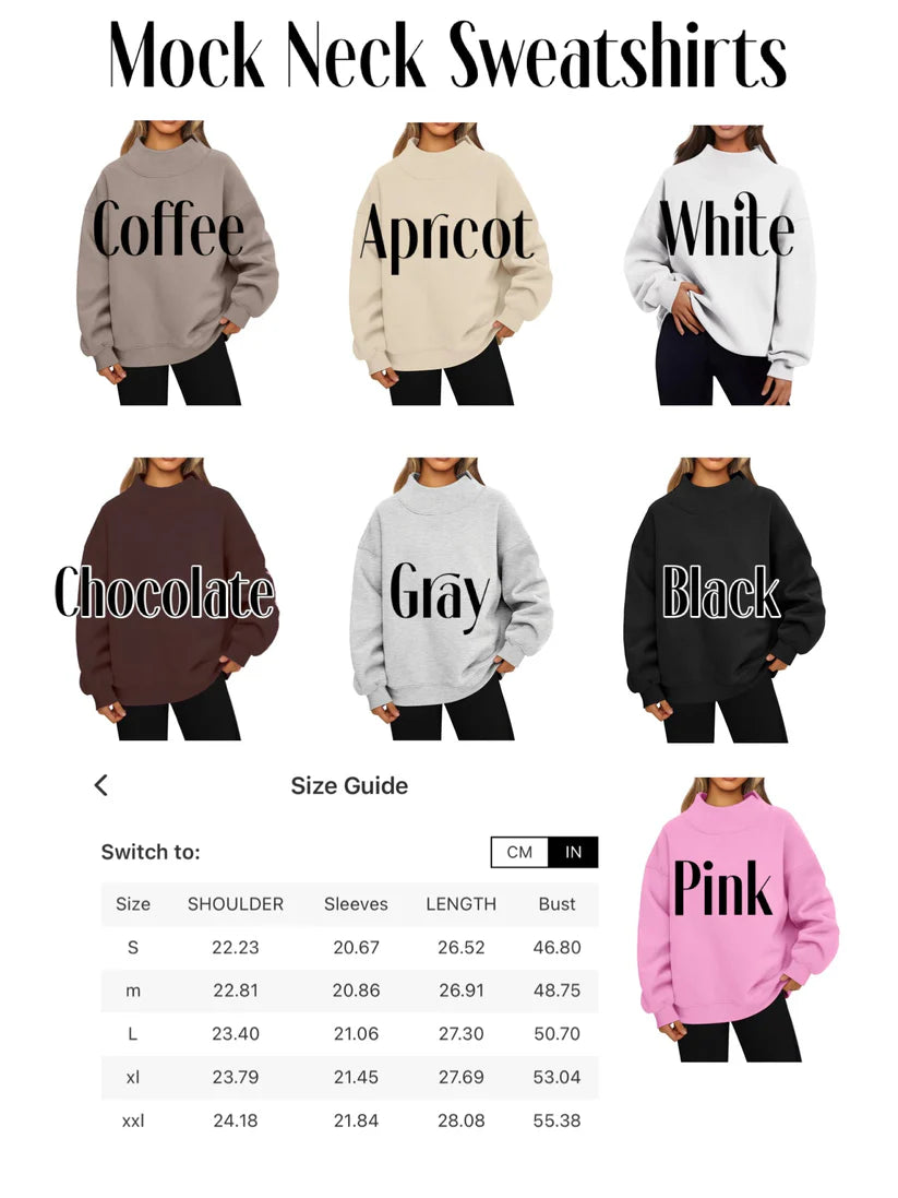 Collage of mock neck sweatshirts in various colors with size guide below.
