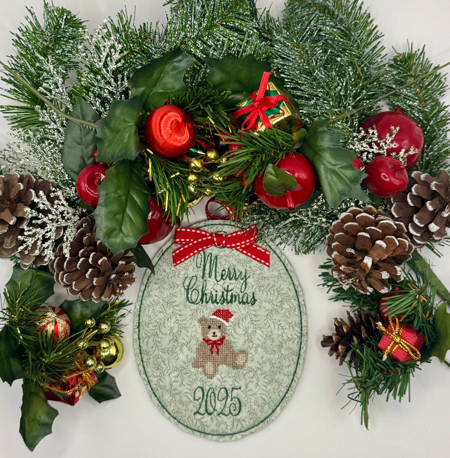 Large Embroidered Ornament - Merry Christmas 2025 - Green Holly