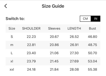 A size guide chart showing measurements inches for sizes S through XXL, including shoulder, sleeves, length, and bust dimensions for the mock neck sweatshirt.