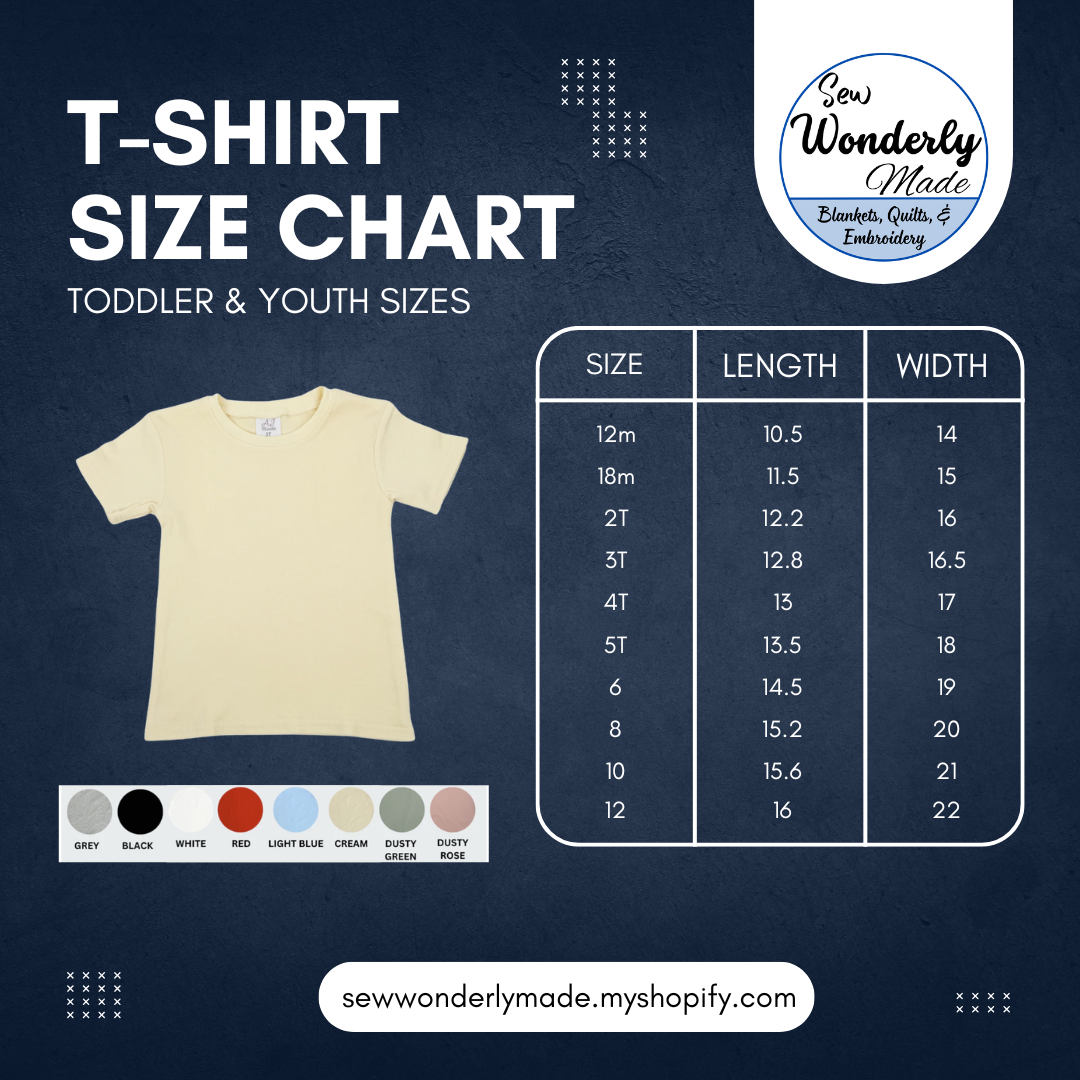 T-shirt size chart for toddler and youth sizes with Sew Wonderly Made branding on a dark blue background.